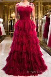 A-Line Long Spaghetti Strap Red Prom Dresses,Black Layers Tulle Evening Dresses